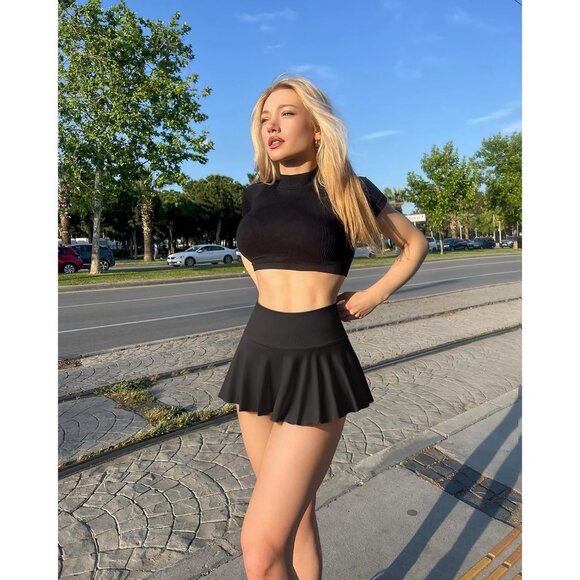 Women 2 Piece Mini Skirts 2 in 1 Flowy Sexy Basic Stretchy Flared Casual Skirts - Picture 5 of 6